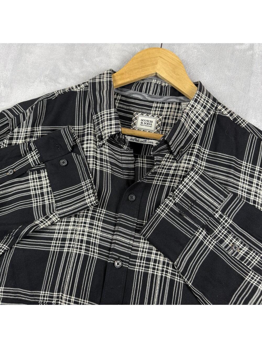 Scotch & Soda Plaid Button Up Shirt Black Beige Men XL Amsterdam Soft Preppy RLX - Picture 1 of 11
